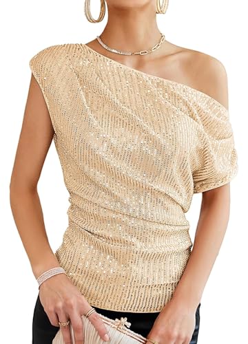Segreto Damen Glitzernde Pailletten Tops Eine Schulter Geraffte Asymmetrische Glitzer Tops Slim Fit Party Shirts Bloues, Aprikose Farbe/M von Segreto