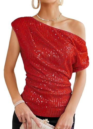 Segreto Damen Glitzernde Pailletten Tops Eine Schulter Geraffte Asymmetrische Glitzer Tops Slim Fit Party Shirts Bloues, Rot/L von Segreto
