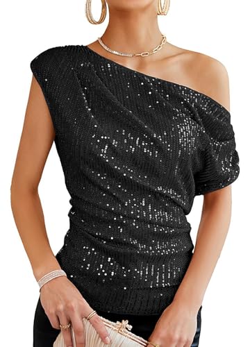Segreto Damen Glitzernde Pailletten Tops Eine Schulter Geraffte Asymmetrische Glitzer Tops Slim Fit Party Shirts Bloues, Schwarz/S von Segreto