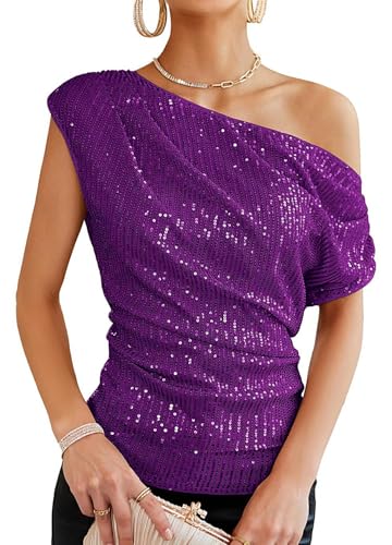 Segreto Damen Glitzernde Pailletten Tops Eine Schulter Geraffte Asymmetrische Glitzer Tops Slim Fit Party Shirts Bloues, Violett/L von Segreto