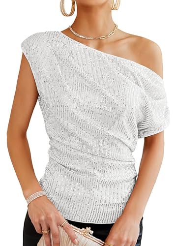 Segreto Damen Glitzernde Pailletten Tops Eine Schulter Geraffte Asymmetrische Glitzer Tops Slim Fit Party Shirts Bloues, Weiß/L von Segreto