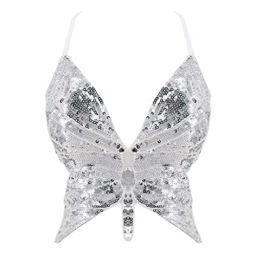 Segreto Damen Metallic Schmetterling Pailletten Crop Top Sexy Bauchtanz Kostüm Ärmellos Bandage Oberteil Tank Tops Party Club von Segreto