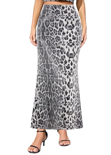 Segreto Damen Pailletten Rock Glitzer Meerjungfrau Hohe Taille A Linie Maxirock Retro Party Lange Röcke, Grau Leopardendruck/XL von Segreto