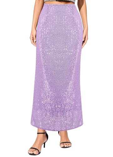 Segreto Damen Pailletten Rock Glitzer Meerjungfrau Hohe Taille A Linie Maxirock Retro Party Lange Röcke Lila von Segreto