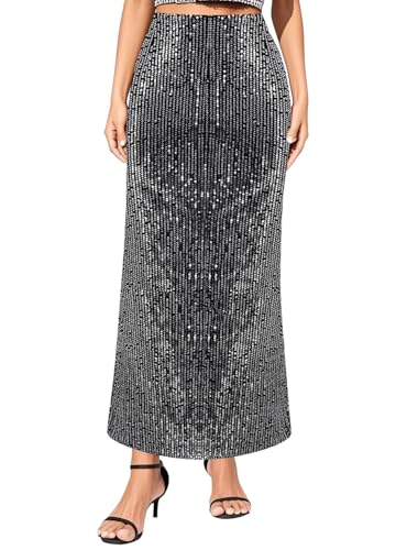 Segreto Damen Pailletten Rock Glitzer Meerjungfrau Hohe Taille A Linie Maxirock Retro Party Lange Röcke Schwarz Silber von Segreto
