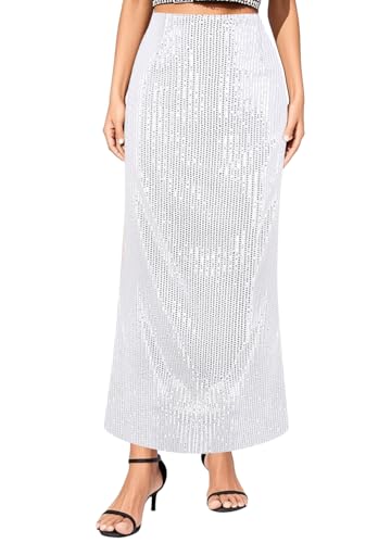 Segreto Damen Pailletten Rock Glitzer Meerjungfrau Hohe Taille A Linie Maxirock Retro Party Lange Röcke Silber von Segreto