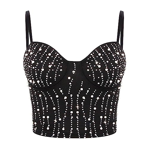 Segreto Damen Perlen Strass Crop Top Diamant Ärmellos Spaghettiträger Glitzer Trägertop Grundlegend Tank Tops Cami Weste Club Party Schwarz von Segreto