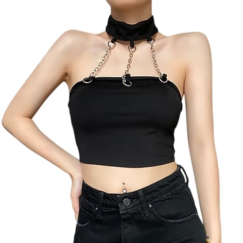 Segreto Damen Punk Ketten Chocker Crop Top Gothic Rock Rückenfrei Schulterfrei Trägertop Tank Tops Oberteil Cami Festival Rave Outfit von Segreto