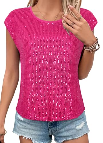 Segreto Damen Rundhals Locker Pailletten Tops Cap Ärmel Oberteil Party Glitzer Bluse Tanktop Shirt Cocktail Festliches Outfit, Rose Rot/XL von Segreto