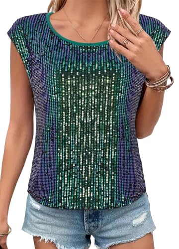 Segreto Damen Rundhals Locker Pailletten Tops Cap Ärmel Oberteil Party Glitzer Bluse Tanktop Shirt Cocktail Festliches Outfit, Schwarz Bunt Grün/XL von Segreto
