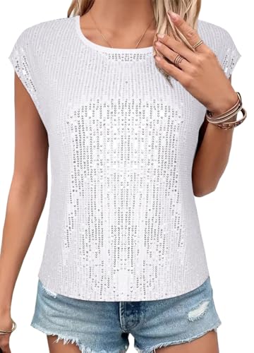 Segreto Damen Rundhals Locker Pailletten Tops Cap Ärmel Oberteil Party Glitzer Bluse Tanktop Shirt Cocktail Festliches Outfit, Silber/S von Segreto