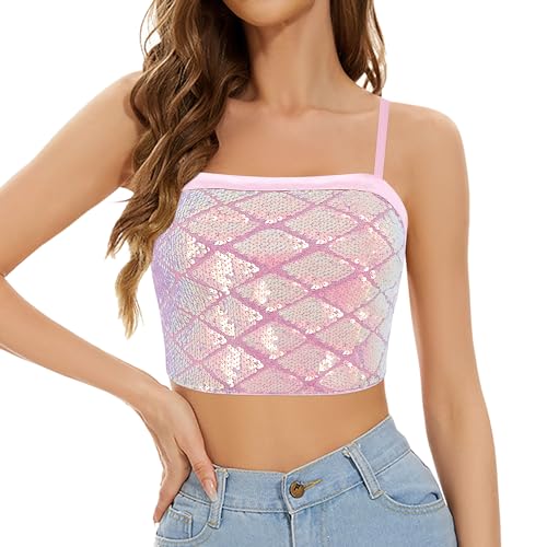 Segreto Damen Sexy Pailletten Tanktop Glitzer Meerjungfrauen Ärmellos Spaghettiträger Crop Top Seidig Satin Trägertop Party Cami Rosa von Segreto