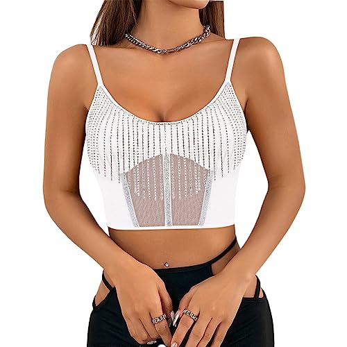 Segreto Damen Sexy Strass Fransen Ärmellos Crop Top Bling Diamant Quaste V-Ausschnitt Spaghettiträger Oberteil Tank Tube Tops Camisole Weiß von Segreto