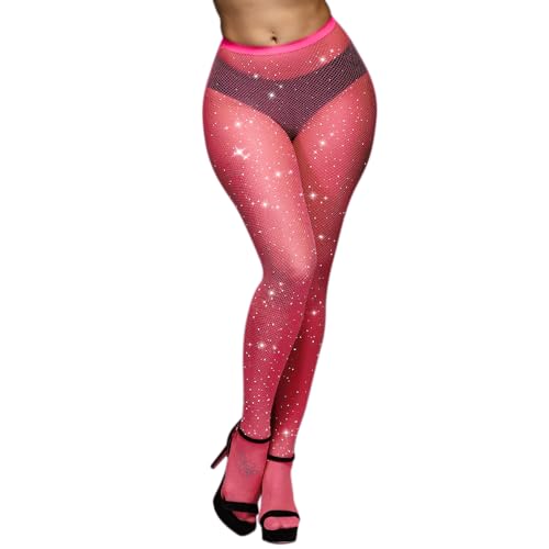 Segreto Damen Sexy Strass Netzstrumpfhose Glitzer Diamant Mesh Hohe Taille Fischernetz Strümpfe Strumpfhosen Pink von Segreto