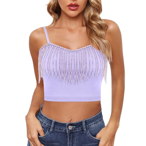 Segreto Damen Sexy Strass Quaste Ärmellos Crop Top Bling Diamant Fransen V-Ausschnitt Spaghettiträger Oberteil Tank Tube Tops Camisole von Segreto