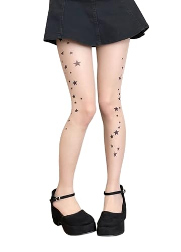Segreto Damen Stern Tattoo Muster Strumpfhose Hohe Taille Glänzende Seidenfein Komfortbund Transparent Reißfest Strumpfhosen von Segreto