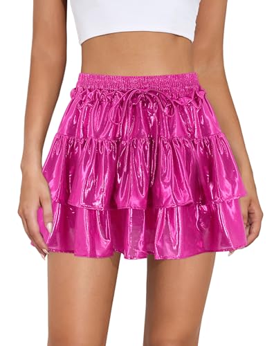 Segreto Damen Stilvolle Metallic Hohe Taille Minirock Stretch Solide Plissiert Rüschen Tutu Rock Rave Party Tanz Clubwear, S/Metallic Rose Rot von Segreto
