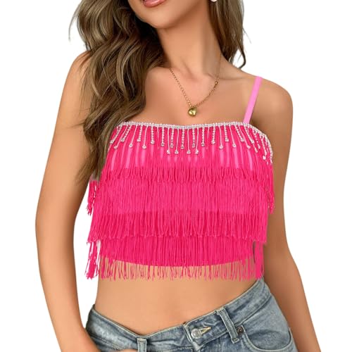 Segreto Damen Strass Fransen Crop Top Sexy Quaste Spaghettiträge Tank Cami Top Oberteil Pink Shirt für Rave Party Club von Segreto