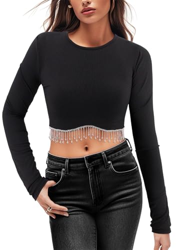 Segreto Damen Strass Fransen Langarmshirt Y2K Diamant Quaste Rundhals Crop Top Oberteile Tunika Bluse Lässige Streetwear Schwarz von Segreto