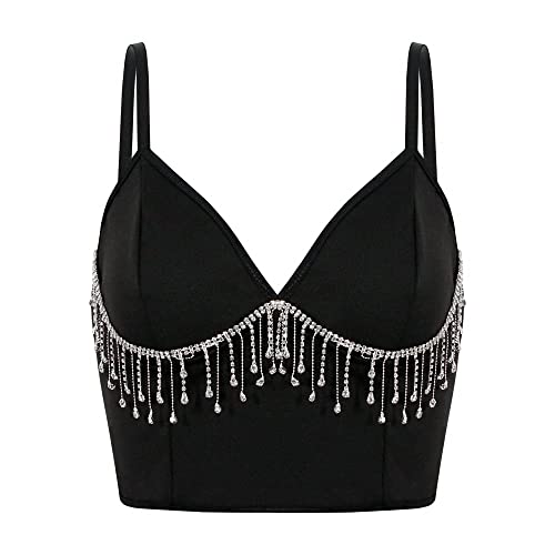 Segreto Damen Strass Quaste Tank Top V-Ausschnitt Diamant Fransen Ärmellos Spaghettiträger Trägertop Sexy Crop Top Bustier Camisole Schwarz von Segreto