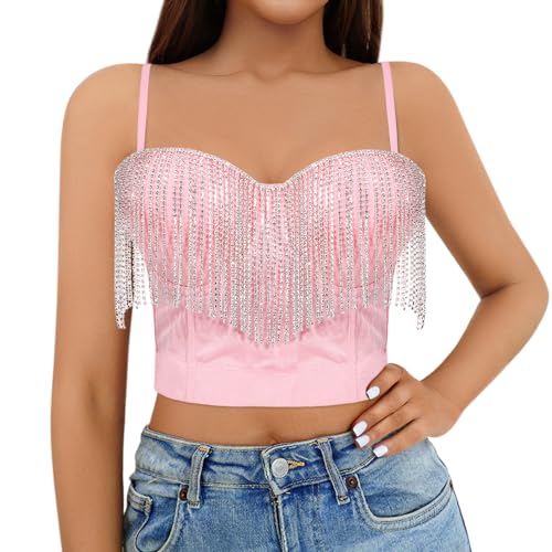 Segreto Sexy Damen Strass Fransen Push Up Bustier Diamant Quaste Korsett Trägertop Crop Tank Top Corsage BH Clubwear Rosa von Segreto