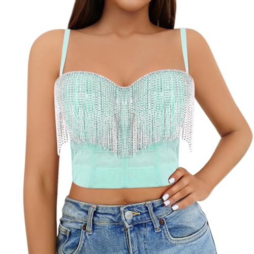 Segreto Sexy Damen Strass Fransen Push Up Bustier Diamant Quaste Korsett Trägertop Crop Tank Top Corsage BH Clubwear Türkis von Segreto