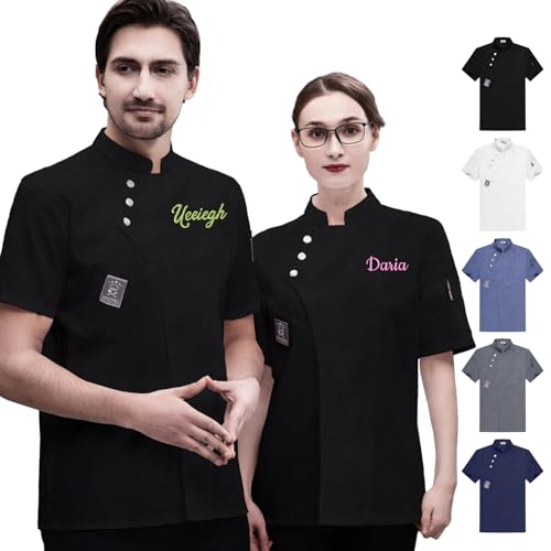 Personalisiert Kochjacke Herren,Customized Chef Jacke mit Gesticktem Namen - Kurzarm Top Chef Mantel Hotel Küche Restaurant Arbeit Kocher Uniform für Männer & Frauen M-4XL (Schwarz) von Seguire