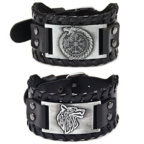 Sehaby 2 Stück handgemachtes geflochtenes Lederarmband, nordisches Wolfskopf Armband, Silbernes Viking breites Manschettenarmband, Runenkompass-Armband, Mode-Armband für Damen Herren von Sehaby