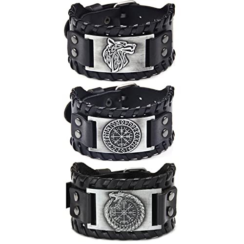 Sehaby 3 Stücke Schwarz Wikinger Leder Armbänder Nordischer Wolf Kopf Armreifen Vintage Runenkompass Armbänder Mittelalter Drachen Kopf Kompass Armbänder für Damen Herren, One Size, Metall von Sihaby
