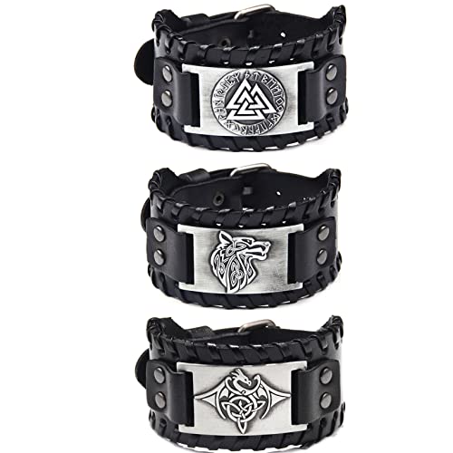 3 Stück Wikinger Lederarmbänder, Schwarz Odin Rune Armbänder, Mittelalter Wolfskopf Ledermanschette Armbänder, Drache Keltischer Knoten Armbänder, Vintage Lederarmband für Frauen Männer, Metall Leder von Sehaby