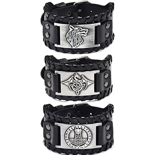 Sehaby 3 Stück schwarze Wikinger Armbänder, Wolfskopf Lederarmbänder, Mittelalterliche Drachenlederarmbänder, Celtic Knot Thor's Hammer Lederarmbänder für Männer Frauen, One Size, Kunstleder Metall von Sehaby
