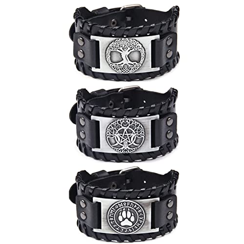 Sehaby Nordic Leder Armbänder 3 Stück Leder Armband Baum des Lebens Schwarz Leder Armbänder Baum des Lebens Mittelalter Mond Viking Dewclaws Lederarmbänder für Damen Herren, One Size, Metall Leder von Sehaby