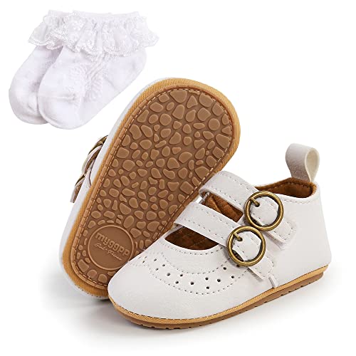 Sehfupoye Mädchen Mary Jane Flache Schuhe - Weiße Rutschfeste Babyschuhe für Mädchen - Kleinkind erste Walking Krippe Schuhe mit Socken Geschenke 2er Set von Sehfupoye