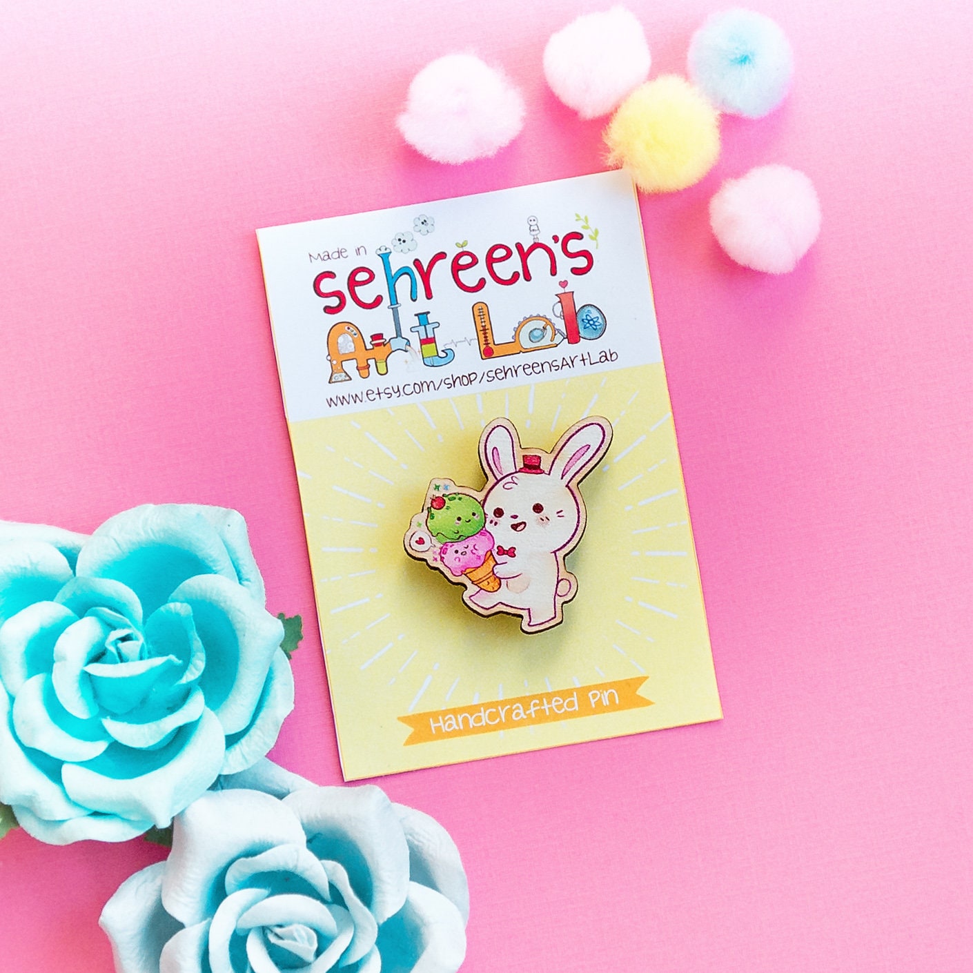 Eis Häschen Holz Kawaii Pin - Pins Geschenk Für Sie Bun Frauen Brosche Accessoire Holzkunst Pinliebhaber Tasche von SehreensArtLab