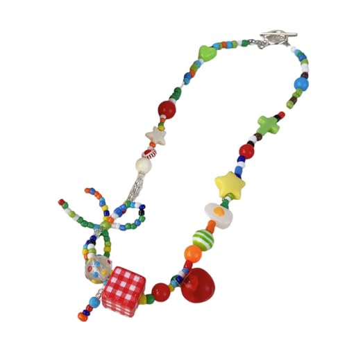 Sehuby Retro-Perlenschmuck für Damen, Halskette mit bunten Obst- und Stern-Anhängern, Schmetterlings-Schleifen, Anhänger von Sehuby