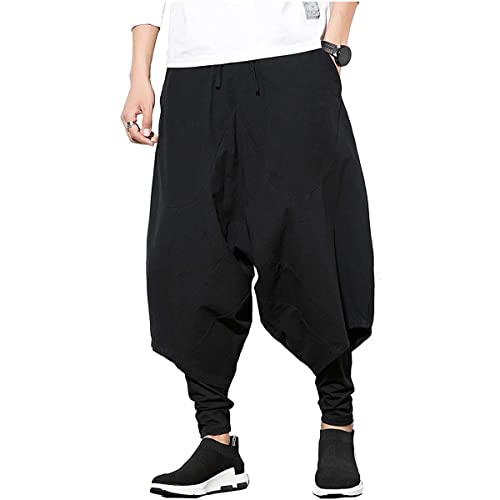 Seidarise Herren Haremhose Hip-Hop Jogger Baggy Weites Bein Legere Harem Leinen, japanisches Yoga - Schwarz - Groß von Seidarise