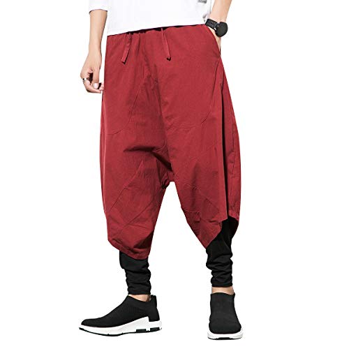 Seidarise Herren Haremshose Hip Hop Jogger Baggy Wide Leg Pants Casual Harem Linen Japan Yoga - Rot - XX-Large von Seidarise