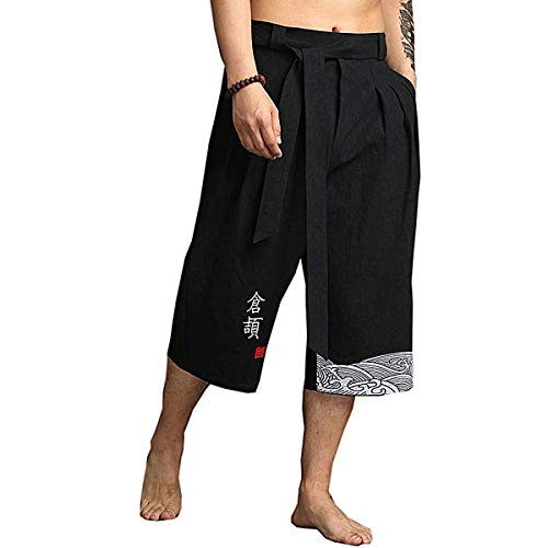 Seidarise Herren Japanischer Kimono Traditonal Strandhose Leinen Capri Sommer Haremshose Weites Bein Cropped Hose, Schwarz, Mittel von Seidarise
