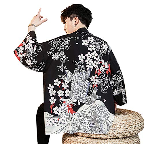 Seidarise Herren-Kimono-Cardigan mit Sieben Ärmeln, einfarbig, Vorderseite offen - - Groß von Seidarise