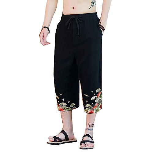 Seidarise Japanischer Kimono für Herren, traditionelle Strandhose, Leinen, Capri-Sommer-Haremshose, weites Bein, kurze Hose, X-black, Mittel von Seidarise