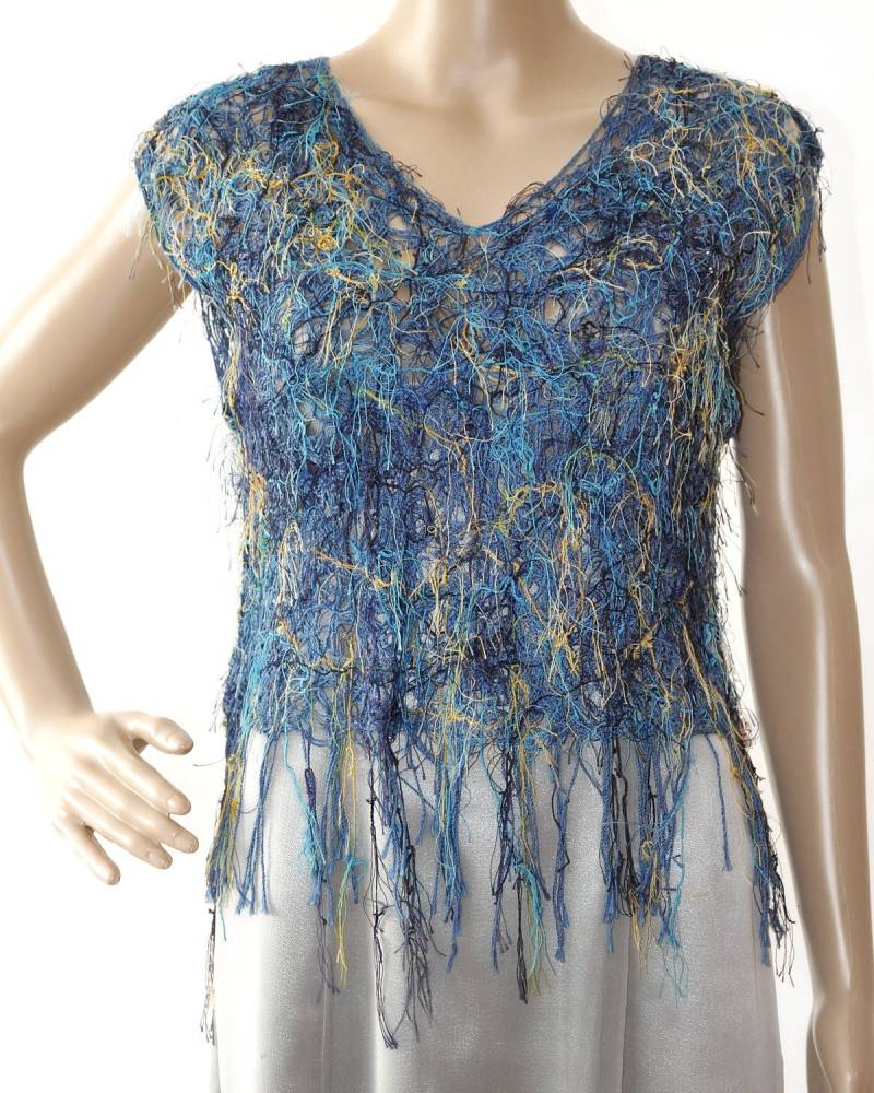 Bluse, Tunika, Oberteil Ärmellos, Leger in Jeansblau Türkis Dunkelblau Gelb Allrounder Einzelstück Handgearbeitet Crazy-Patchwork Technik von SeidenatelierIG