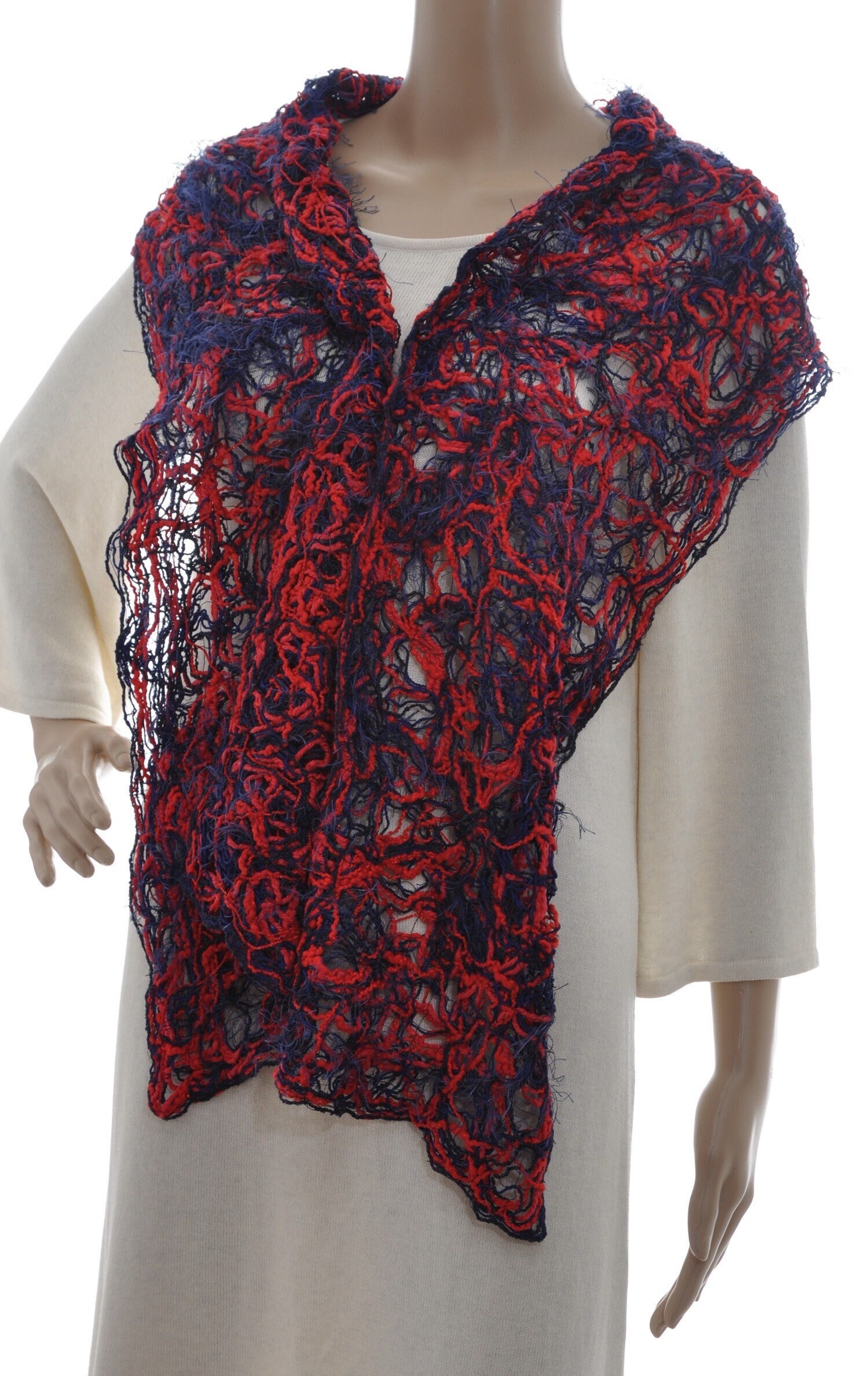 Schal, Crazy Patchwork Cacheur, Stola, Langschal, Tischläufer, Handgefertigt in Rot, Marineblau, Nachtblau, Patchwork-Schal von SeidenatelierIG