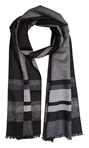 SEABRIGHT Schal 100% Seide Seidenflanell Seidenschal Flauschig Warm Dick SC-S-SD-2108-1 Patchwork Schwarz Grau Streifen von Seidenflanell, Silk Flannel by SeaBright