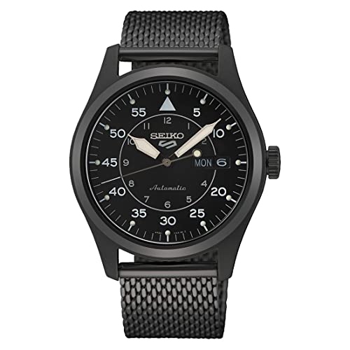 Seiko 5 Sportflieger Automatik schwarzes Zifferblatt Schwarze Milanese Armbanduhr SRPH25K1 von Seiko