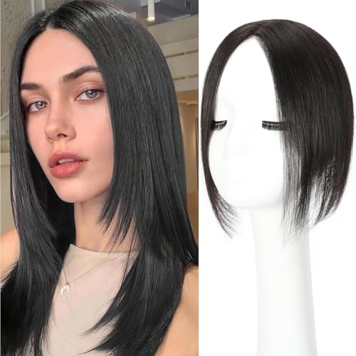 Haaraufsatz für dünner werdendes Haar, Echthaar-Topper mit Pony, Haarteile für Frauen mit dünner werdendem Haar (Braun / Schwarz, 25,4 cm) von Seimainurs