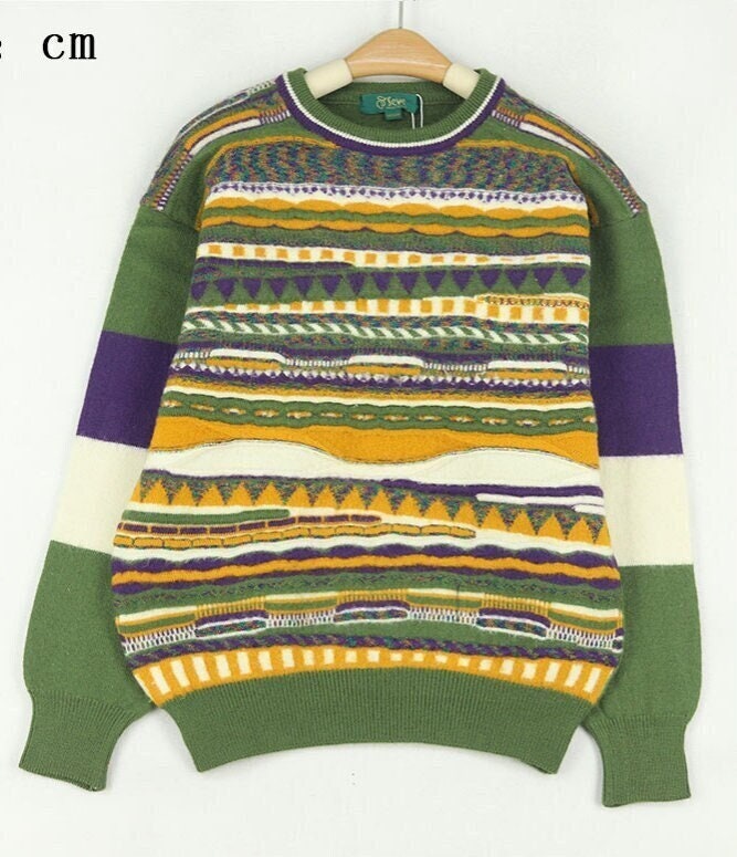 Multi Colour Sweater Jumper Knitwear Pure Merino Wool Green/Purple von SeiriosHouse