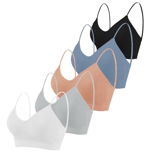 Seitop 5 Stücke Klassische BHS mit V Ausschnitt gepolsterte Cami Nahtlose Träger Bralette Alltag Basic Schlaf Sport Nahtloser BH für Damen Mädchen von Seitop