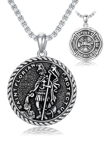 Seiyang St Florian Halskette 925 Sterling Silber Heiliger Florian Medaille Anhänger Patron Amulett Halskette Talisman Schutzschmuck Geschenke für Männer FeuerwehrleuteHalskette von Seiyang