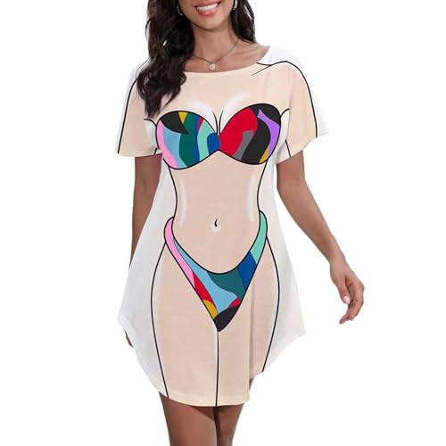 Süßer Bikini für Damen, bedrucktes T-Shirt-Kleid, kurzärmelig, Baggy-Shirt, Strandspaß, Bademode, Vertuschungskleid, Mehrfarbig, X-Large von Seizesoul