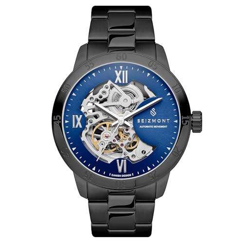 Seizmont Herrenuhr – Herren Armbanduhr Automatik – Schwarze Skelettuhr mit blauem Zifferblatt – 316L Edelstahl & Saphirglas von Seizmont